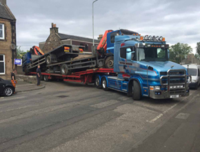 dixons scania t-cab with lowloader in street